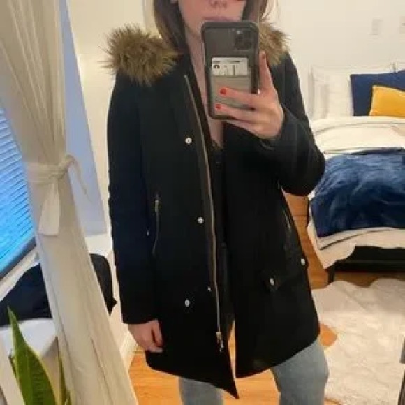 Cole Haan Black Utility Wool Blend Jacket with Faux Fur Trim - Picture 2 of 8